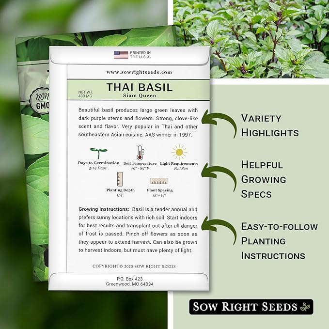 Sow Right Seeds - Sweet Large Leaf Thai Basil Seed for Planting - Non-GMO Heirloom Packet with Instructions to Plant a Kitchen Herb Garden - Indoors or Outdoor - Great for Hydroponic Growing (4)