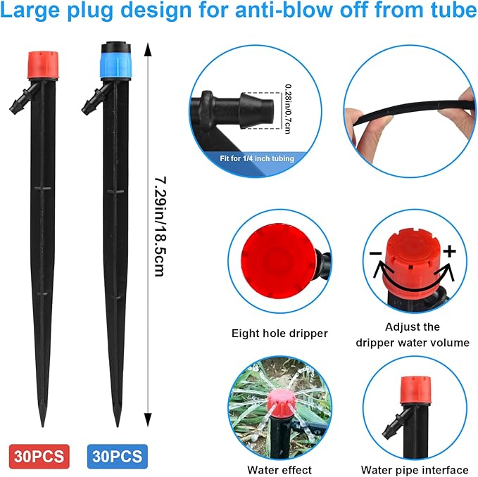 60PCS Drip Irrigation Emitters - Drip Emitters for 1/4 Drip Irrigation Tubing Drip Irrigation Parts Include 30* Emitters Vortex & 30* Emitters Stream Plant Watering Devices for Drip Irrigation System