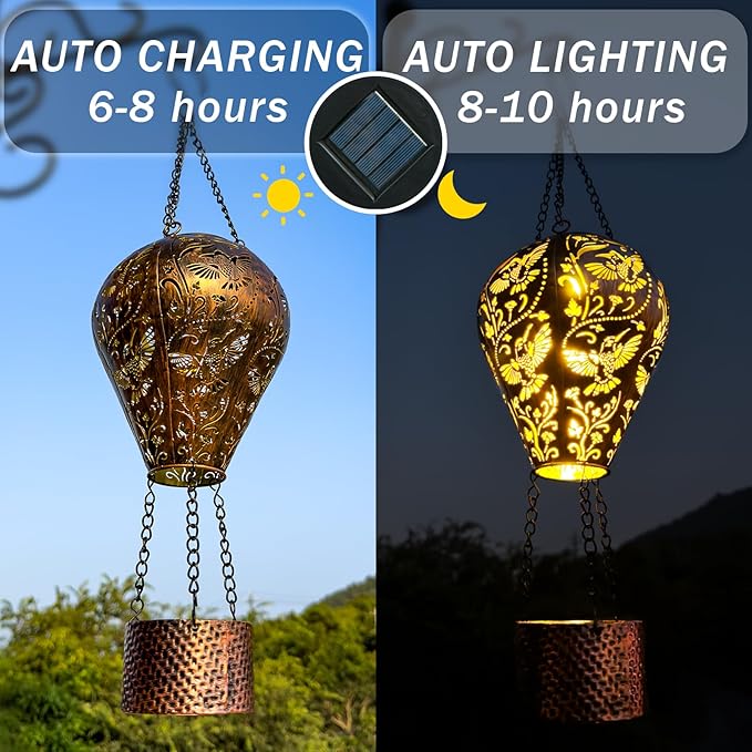 4-Pack Hummingbird Decor Hot Air Balloon Solar Lantern – Outdoor Decorative Hanging Light for Garden Yard Patio Porch Lawn and Pathway – Unique Housewarming, Birthday Gift for Women Mom Grandma