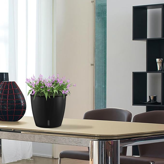 Planterhoma 5 Inch Self Watering Pots for Indoor Plants, 6 Packs African Violet Pots with Water Indicator and Black Wick Pots, Self Watering Planters for Devil's Ivy, Indoor Plant Pots, Black