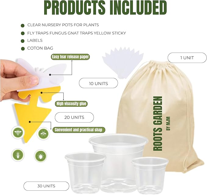 Roots Garden Eco-Friendly 30 Pack Clear Pots with Drainage-5/4/3.5 Inch-Durable and Reusable Pots for Indoor and Outdoor Plants-Plastic Planter Pots-20 Stickers and10 Plant Labels.
