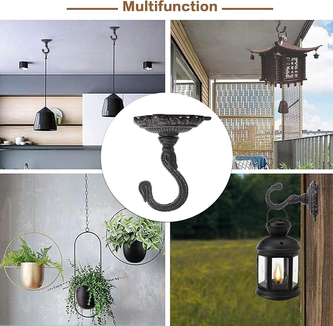 Sungmor Heavy Duty Ceiling Hooks for Hanging Plants, 2PC Black 3.5x3.9Inch Large Cast Iron Ceiling Hooks, Antique Decorative Ceiling Swag Hooks for Hanging Planter Chandelier Wind Chime Lantern Hanger