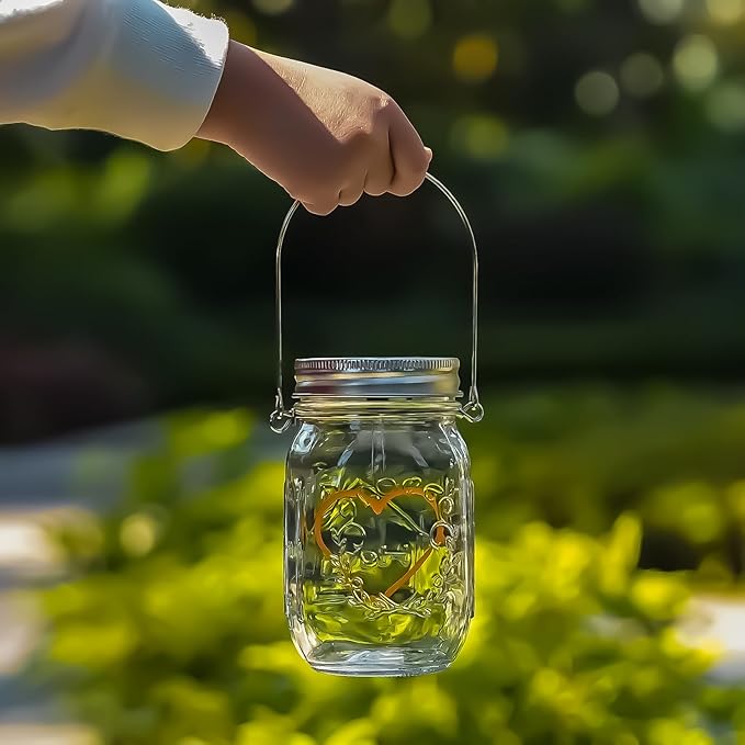 Hanging Solar Mason Jar Lights, 4 Pack Warm Heart Shape Led Lights, Solar Powered Lanterns Outdoor Waterproof, Hangers and Jars Included, Gift for Lover, Home Party Wedding Garden Patio Decor (4)