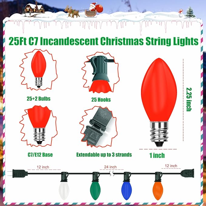 C7 Christmas Lights 25Ft 5 Multicolor Outdoor String Lights with 27 C7 Ceramic Bulbs, Vintage Christmas Decorations UL Listed for Outdoor Indoor Holiday Party Wedding Patio Garden