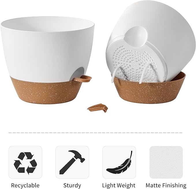 FaithLand 3-Pack Planter Pots, 10 9 8 Inch Self Watering Flower Pots for Indoor Outdoor Garden Plants, White with Brown