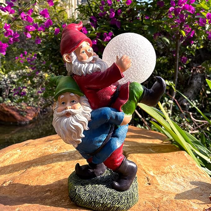 Solar Powered 2 Gnomes Playing with Ball, Decorated Solar Light, Garden Decorations Statues, Garden Light Decor for Lawn Ornaments, Resin Garden Figurines (2 Gnomes with a Glass Ball)