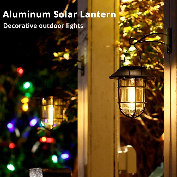 Solar Lantern Outdoor Hanging Solar Lights, Waterproof Metal Solar Outdoor Lights with Clear Glass, LED Edison Bulbs Cordless Decorative Aluminum Wall Lantern with Hooks, Bronze
