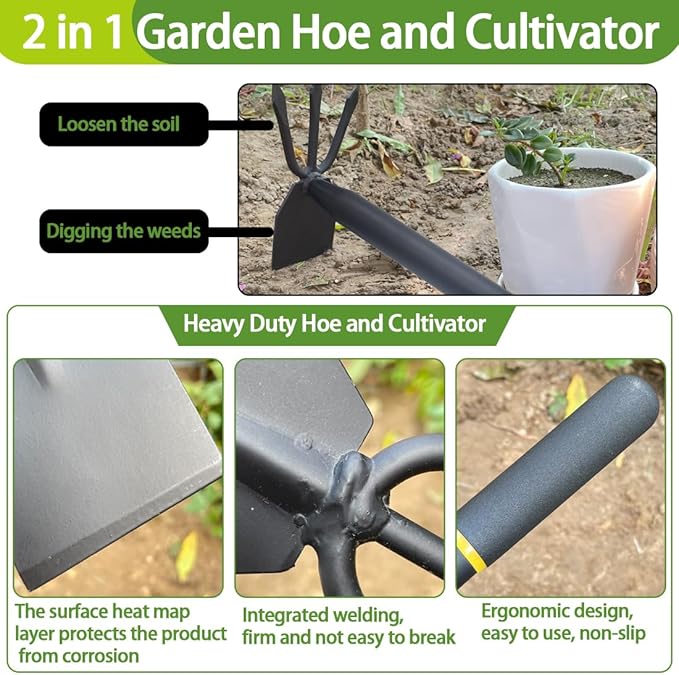 Garden Hoe and Cultivator, Long Heavy Duty Hand Hoe with Tiller, 2 Section Handle, Carbon Steel Blade, Cultivator Hoe Garden Tools for Loosening Soil, Digging