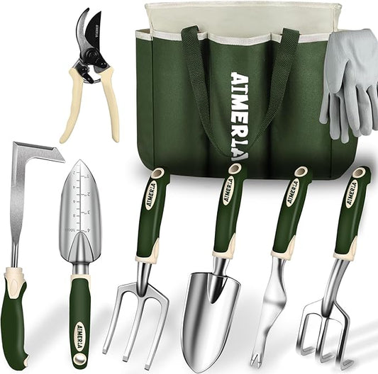 Gardening Tools Set of 9 Heavy Duty Garden Tools with Non-Slip Rubber Grip with Large Garden Bag for Tools Durable Hand Tools for Gardening, Weeding,Gardening Gifts for Women,Men (Dark Green)