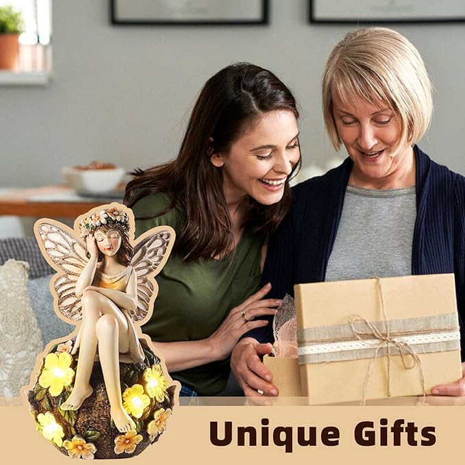 Solar Fairy Statue Sitting on The Flower Ball Light 6.8" Angel Statues for Garden Yard Patio Porch Lawn Decor Resin Fairy Figurine Outdoor Waterproof Angel Gifts for Women Mom Sister