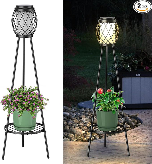 Solar Lights Outdoor with Plant Stands 2 Pack, Solar Floor Lamp Metal Tripod Patio Lights for Garden Yard Pathway Driveway Front/Back Porch Decoration