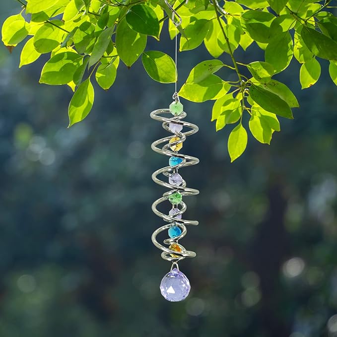 FONMY Gazing Ball Spiral Tail -Decorative Wind Spinner Sun Catcher Rainbow Maker Double-Spiral W/Purple Crystal Ball and Chain Crystals for Indoor Outdoor Garden Decoration -14 inch Height