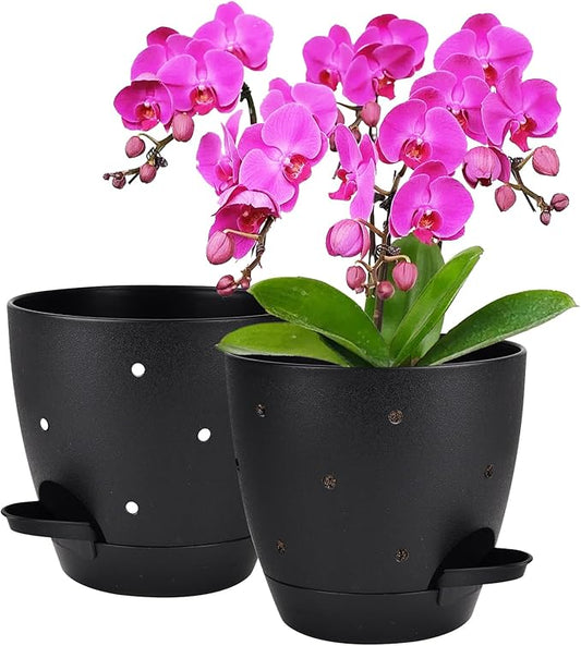 6 Inch Orchid Pots with Holes, 2 Pack Self Watering Planters for Orchids Plastic Orchid Pot Plant Flower Pots for Orchids Indoor Outdoor (Black)