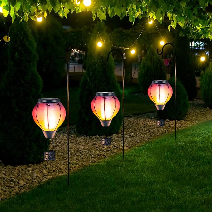 Starsoul Glass Solar Hot Air Balloon Flickering Flame Hanging Garden Light Purple Hot Air Balloon Solar Lantern with Large Basket Waterproof Hot Air Balloon Solar Lamp Decor
