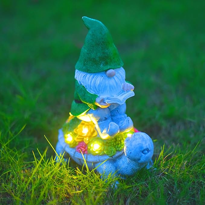 Solar Garden Outdoor Statues Turtle Gnome Outdoor Figurine Lights with Gnome Reading Book Garden Accessories Tortoise Statue Lawn Decor for Patio Balcony Yard Ornament Art Housewarming Gifts