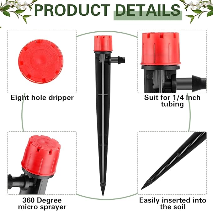 32 Pcs Drip Irrigation Emitters Drip Emitters for 1/4 Inch Tubing Irrigation Drippers Sprayer Adjustable 360 Degree Water Flow Drip for Garden Lawn Flower Bed Irrigation System (Red and Blue)
