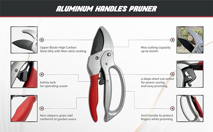 Ratchet Anvil Pruning Shears,Anvil Pruner For Gardening,Hand Pruners for Tree trimming,Carbon Steel Garden clippers, Garden Shear, Pruning Shear,Heavy Duty ratchet shears for Hardy branches,deadwoods