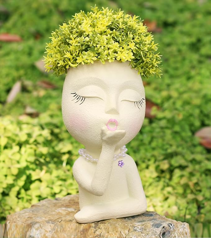Head Face Planters, Kissing Girl Flowerpot, Lady Head Flower Pot, Female Kiss Faces Small Resin Art Succulent Pots for Indoor Outdoor Plants, Beige