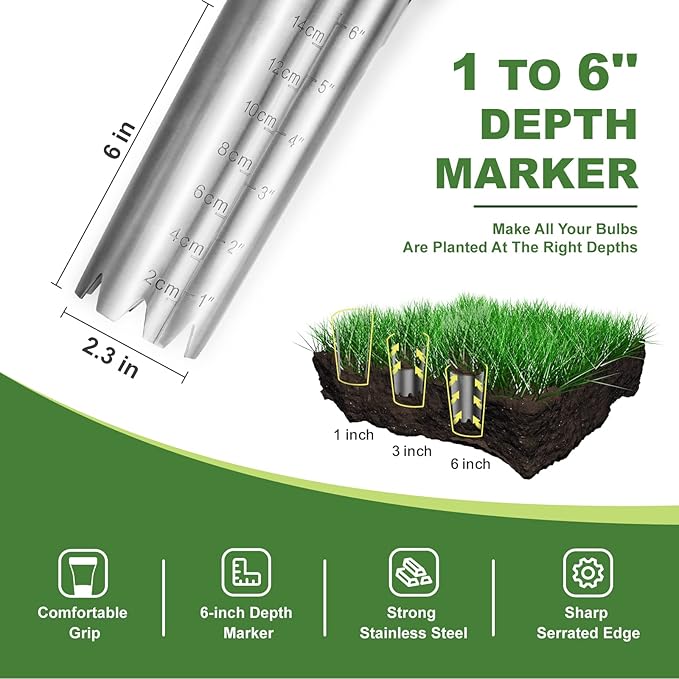 Bulb Planter Tool, 6 Inches Depth Mark Hand Bulb Planter, Non-Bending Stainless Steel Bulb Planter Digger, Garden Bulb Transplanter with Comfortable Grip Wooden Handle for Tulip and Daffodils