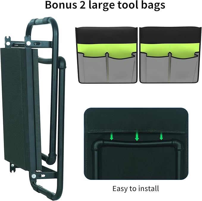 Garden Kneeler and Seat 2-in-1 Foldable Gardening Stool with EVA Foam Kneeling Pad Heavy Duty Garden Kneeling Bench with 2 Tool Pouches Great Gardening Gifts for Women and Men Seniors(Green)