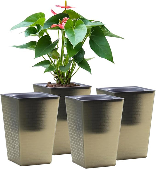 Self Watering Planter 4 Pieces 6 Inch, Plastic Flower Pots with Inner Pot Indoor Plants Brick Pattern Flowerpot for Indoor Plants, African Violets, Flowers, Herbs