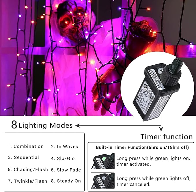 Orange and Purple Fairy Lights, 114ft 300 LED String Lights with 8 Modes, Waterproof Plug in for Indoor/Outdoor Halloween Party Decor