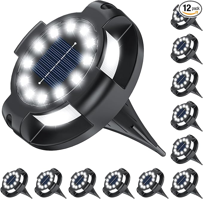 Solar Pathway Lights Outdoor 12 Packs, Bright White 16 LEDs Solar Ground Lights Walkway Lights with Side Light, Waterproof Solar Deck Light for Yard Walkway Garden Poolside Driveway Decorations