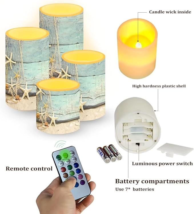 Flameless Candles 4 Pcs, Battery Powered with Timer Remote Control Color Changing Everlasting Pillar Candle Set Indoor Outdoor Coastal Decor, Beach Starfish with Blue Wood Grain