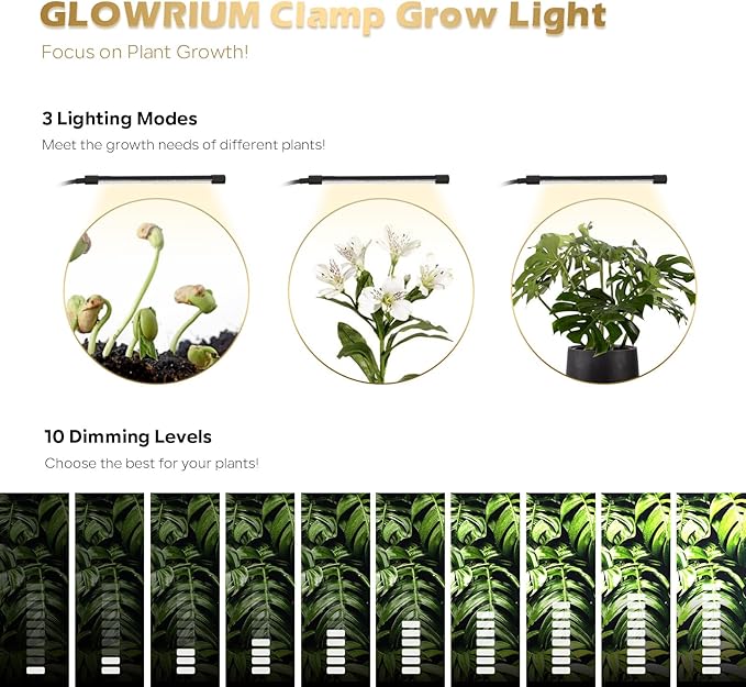 GLOWRIUM Plant Light, LED Grow Lights for Indoor Plants, Clip Plant Light with LCD Display Timer, Full Spectrum Suitable for Any Growth Stage of Plants, 10 Dimmable Levels, Remote Control (2 Strips)
