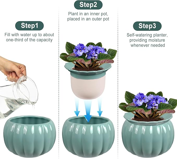 Self-Watering Ceramic Planter for Indoor Plants – 6 Inch Pot for Succulents, Herbs & Small Houseplants, Decorative Self-Watering Pot for Home & Office, Blue
