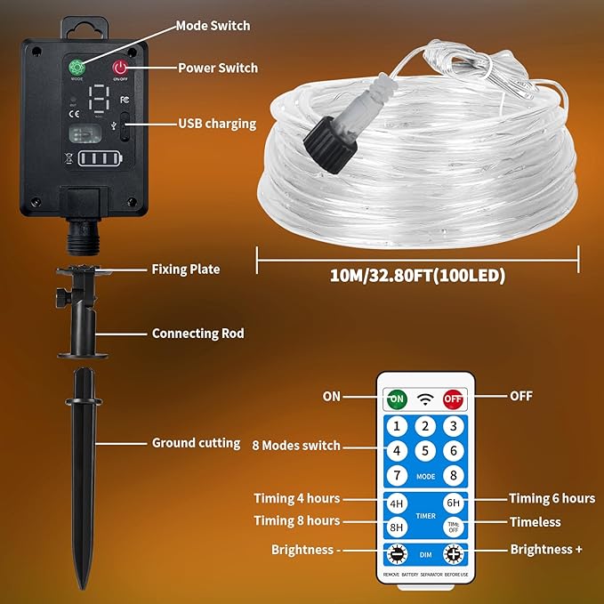 Solar Rope Lights Waterproof 39FT 100LEDs,High Capacity Rechargeable Battery,Dual Charging,Outdoor String Light,Remote-Control,for Pathway Patio Garden Palm Tree Christmas (Brighter - Warm White)