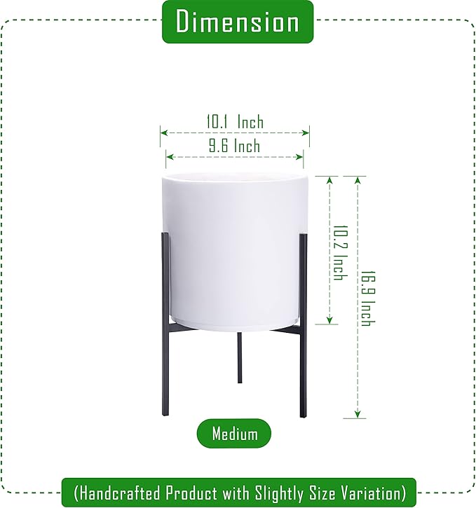 D'vine Dev Modern White Plants Pot Cylinder Planter with Heavy Duty Stand, Medium 10 Inch Pot, 16.3 Inch with Stand Height, 96-T-A-2