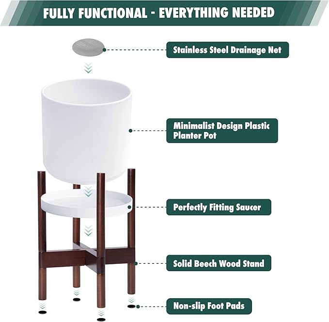 D'vine Dev Planter Pot with Stand - 12 Inch Plastic Cylinder Flower Pot with Wood Planter Holder for Indoor, Matte White Pot + Mahogany Stand, 55-C-O-1