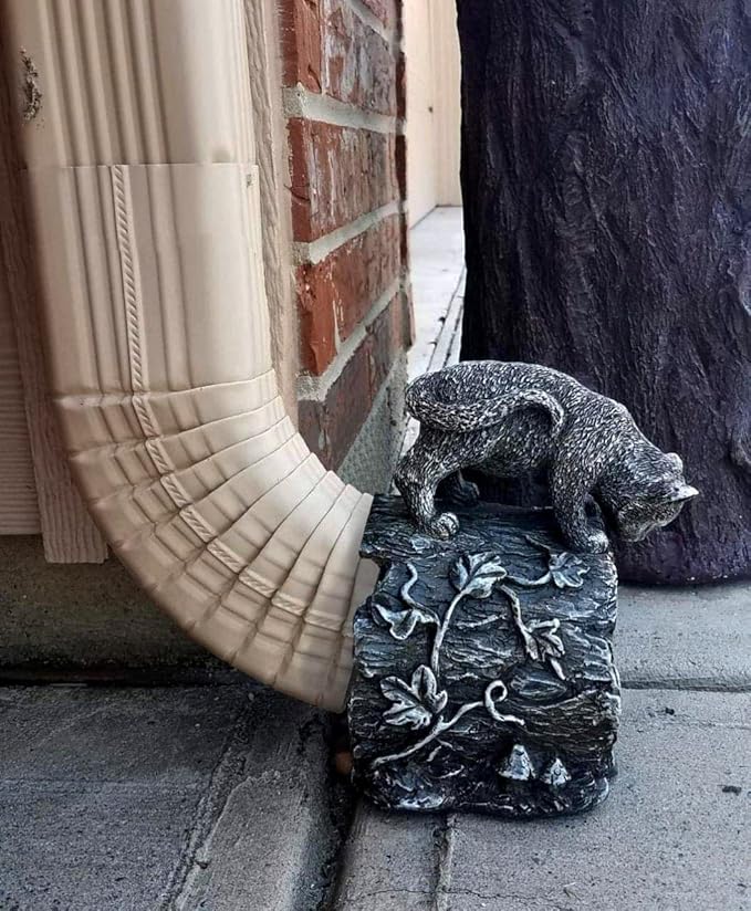 Gutter Downspout Extension - Downspout Splash Block - Downspout Diverter Garden Statue (Playful Chasing Kitty and Frog)