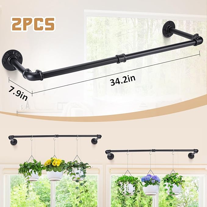 Plant Hanger Indoor, 34.2in Strong Load-Bearing Hanging Plant Holder, Window Plant Rod Black Metal Bar for Wall Ceiling Decor Shelves, 2 Pcs(Pot Chain & Plant Not Included)
