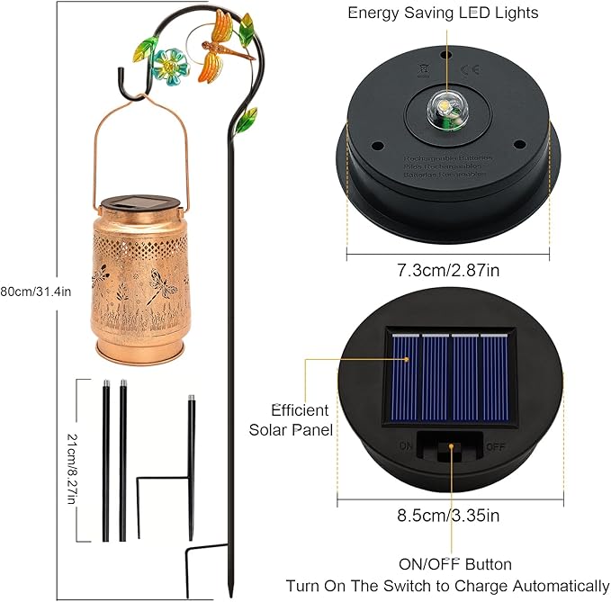 2 Pack Solar Lanterns Outdoor Garden Decor with Shepherd Hook, Gardening Gifts for Mom Grandma Women Dragonfly Metal Decor Lantern Waterproof Solar Lights LED Decorative for Garden Yard Patio