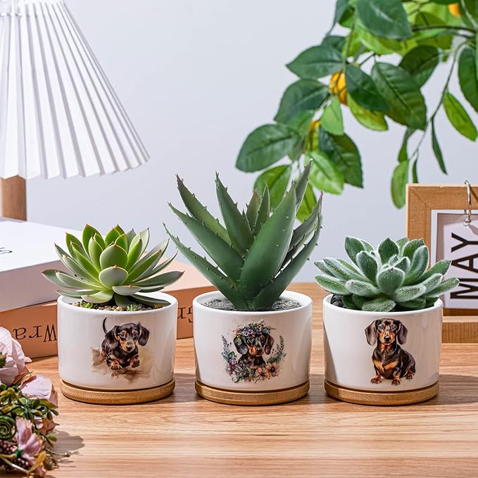 3 Pcs Dachshund Decor Gift for Christmas Women Planter Ceramic Gift Animal Plant Pot with Bamboo Tray for Office Home Farm House Bathroom Kitchen Decorations (No Plants Included)