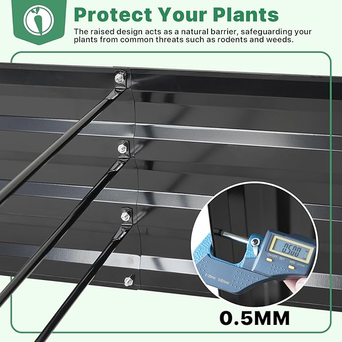 ONCEMORE Galvanized Raised Garden Bed for Vegetables Flowers Herbs, Metal Raised Garden Bed Kit with 2 PCS Tomato Cage, Gloves, Trellis Netting, Plant Labels, Plant Ties, Black 8×4×1FT