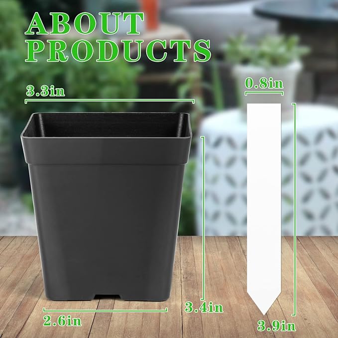 June Fox Square Nursery Pots 3.3 Inches Flexible Plastic Seedling Pots Square Pots for Plants, Succulent, Flower, Pack of 100, with 100 PCS Plant Labels