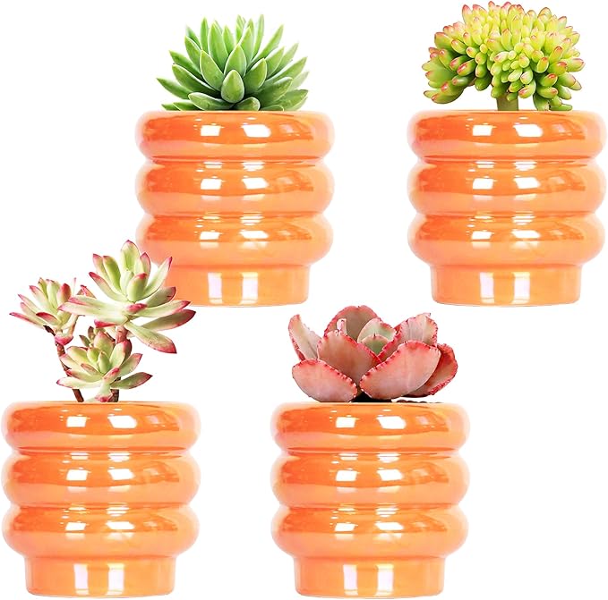 4.1 inch 4 pcs Ceramic Plant Pots for Indoor Plants, Rainbow Pearl Glaze Planter with Planters for Plants with Drainage Hole, Orchid Pots, Succulent Pot, Small Flower Pot (Orange)