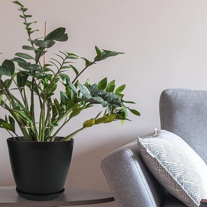 Plant Pots, 12 Pack 6 inch Modern Plastic Planters with Drainage Holes and Saucers for Indoor Outdoor Plants and Flowers, Black