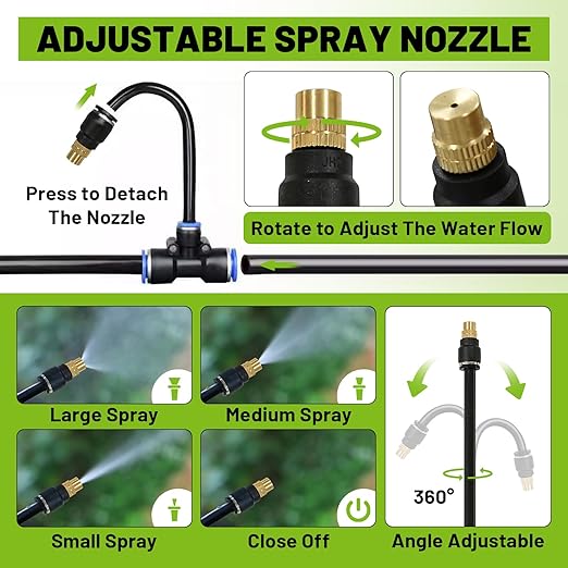 Garden Drip Irrigation Kit, 100ft Black Hose, 360° Adjustable Universal Nozzle, Patio Mist Plant Watering Sprinkler, Comes with Faucet Separator, Sprinkler Hose Adapter (Closeable nozzle-16)