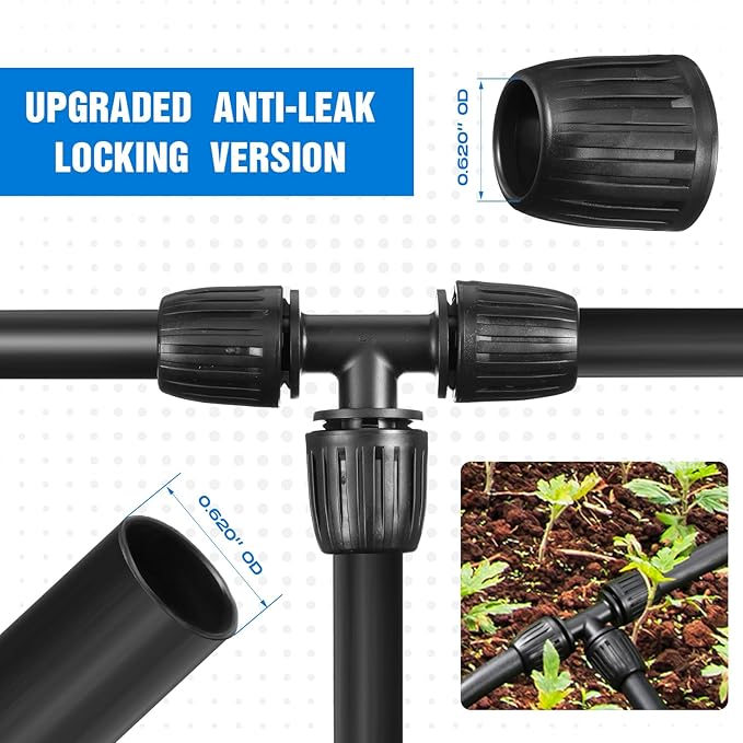 Frienda 40 Pcs 1/2 Inch Drip Irrigation Lock Barbed Tee Tubing (1/2" IDx0.6-0.63" OD) 16mm Fittings Drip Irrigation Parts Anti Drop Locked Reducing Tee for Hose, Blue and Black