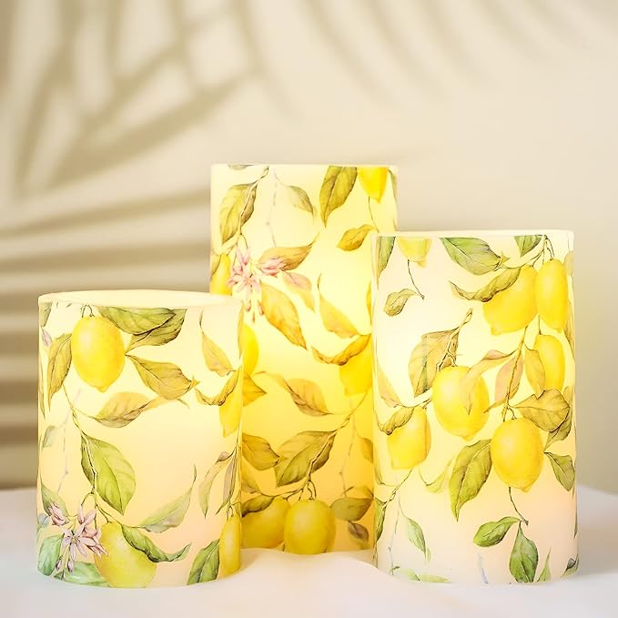 Flameless Candles Lemon Decor Battery Operated Lights with Remote Real Wax Flicker Electric Pillar Fake Candle for Home Bridal Shower Coffee Table Party Decorations Birthday Gifts for Women