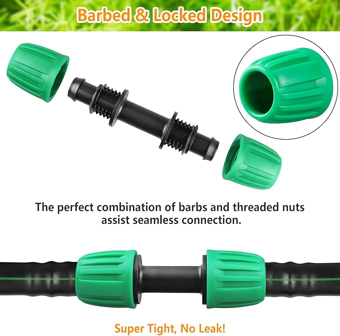 Drip Irrigation Fittings for 1/2 inch Tubing (0.60"-0.63" OD), 16 Pieces Barbed Coupling Drip Parts Locked Coupler Connectors, Drip Line Nuts Connectors for 1/2" Drip Irrigation Hose (13mm ID)