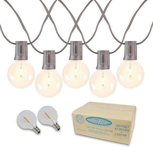 Novelty Lights 100 Feet G40 LED Patio String Lights with 67 Bulbs, Warm White, Weather Resistant and Shatterproof Replaceable Plastic Globe Bulbs, Brown Wire