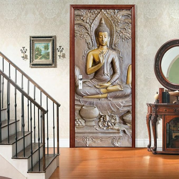 3D Door Stickers - Buddha Statue Murals - Peel & Stick Wallpaper - Self-Adhesive Decals - Removable PVC Waterproof Door Poster - 37.4" x 82.7" for Bedroom & Living Room