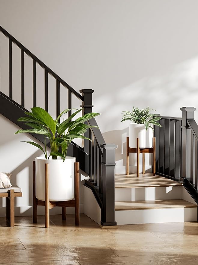 LE TAUCI 10 Inch Planter with Acacia Wood Stand, Ceramic Planter for Indoor Plants with Adjustable Plant Holder, Mid-Century Modern Home Decor, Round Flower Pots with Drainage Hole, White