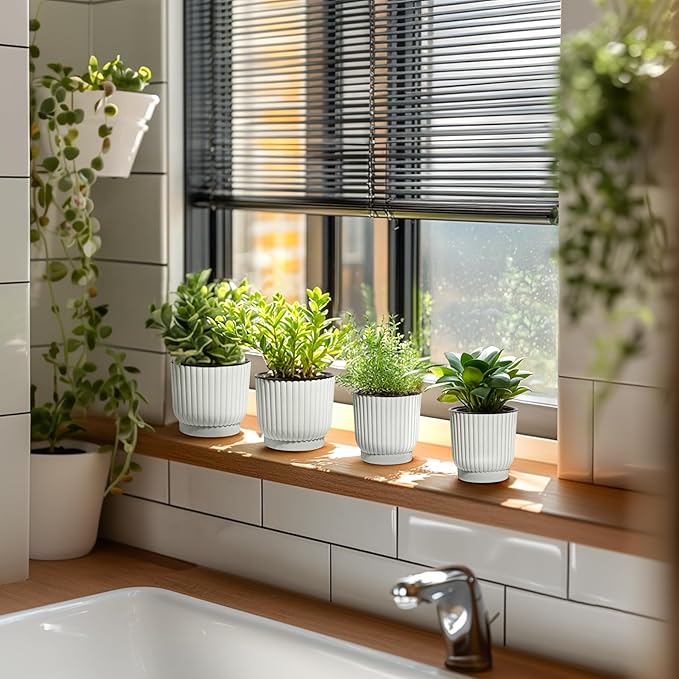 T4U 4 Inch Self Watering Pots for Indoor Plants, 6 Pack White Plastic Flower Pots for All House Plants, Flowers, African Violets