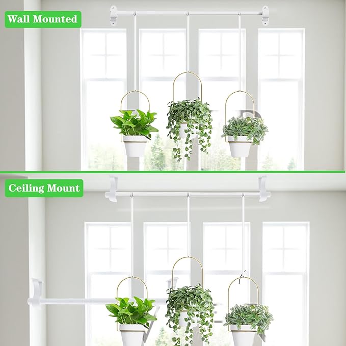 DOUBFIVSY Hanging Planters for Indoor Plants Plant Hanger, Adjustable Hanging Window Planter Hanging Wall Planter for Garden, 25in Plant Shelves Metal Holder Rod with Pots (White)
